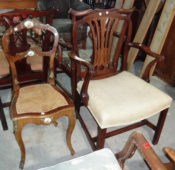 A George III mahogany open armchair and a walnut and cane bedroom chair (2).