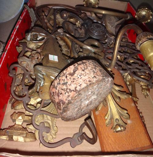 A quantity of decorative metal fixtures and fittings, sconces and sundry.