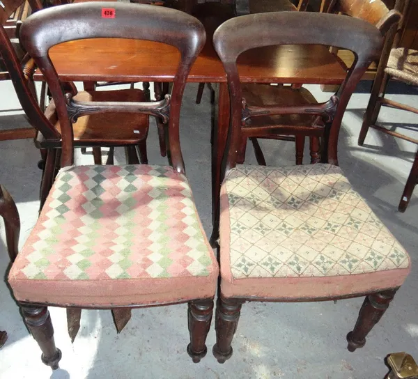 A pair of mahogany balloon back chairs and two small mahogany three drawer chests.