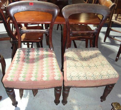 A pair of mahogany balloon back chairs and two small mahogany three drawer chests.