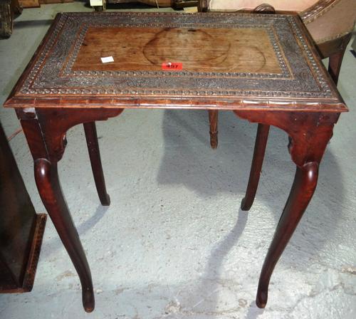 A carved oak side table, a mahogany box and a toilet mirror (3).