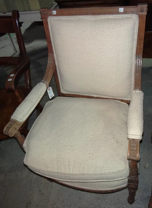 A Louis XVI style fauteuil, a scroll arm 18th century style nursing chair and a shield back single chair.