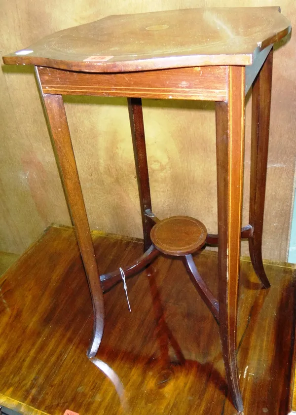 An Edwardian inlaid jardiniere stand and a 20th century mahogany occasional table.