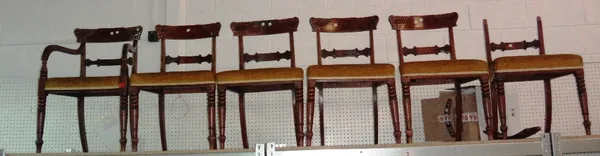 A set of six William IV mahogany dining chairs, with carved crest and waist rails and turned front supports, to include one carver.