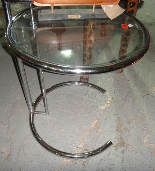 A 20th century chrome and glass circular height adjustable occasional table, together with a modern cherry wood bedside table (2).