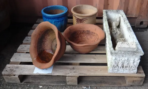 A group of garden statuary items, including terracotta pots, a moulded rectangular planter and sundry. (qty)