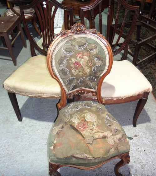 A Victorian carved walnut side chair and two mahogany Sheraton type chairs (3).