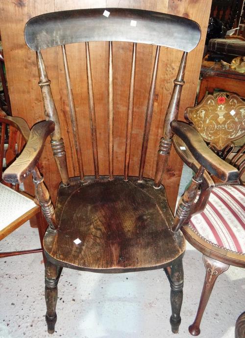 A stick back open armchair, an Edwardian open armchair and a corner chair (3).