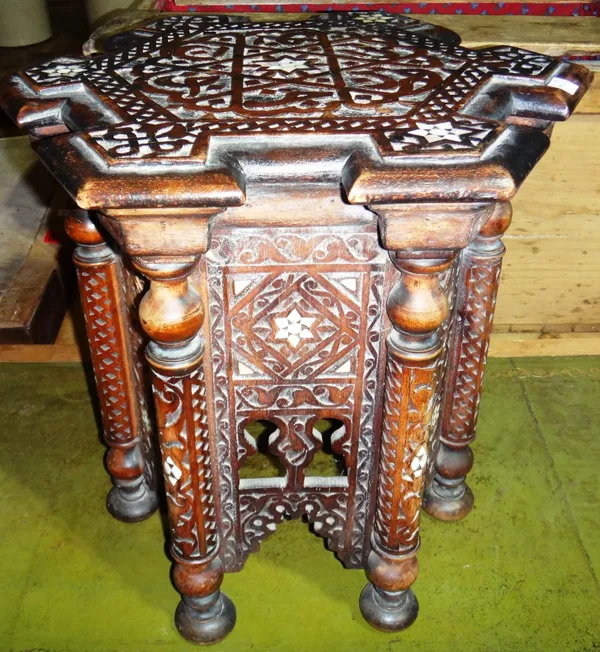 A small Moorish inlaid octagonal occasional table and a mahogany toilet mirror.
