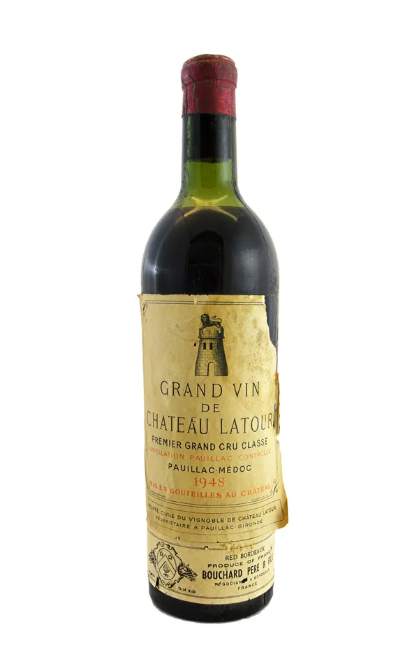 One bottle of Chateau Latour 1948 Pauillac, premier grand cru classe. (level - upper top shoulder.)  Illustrated