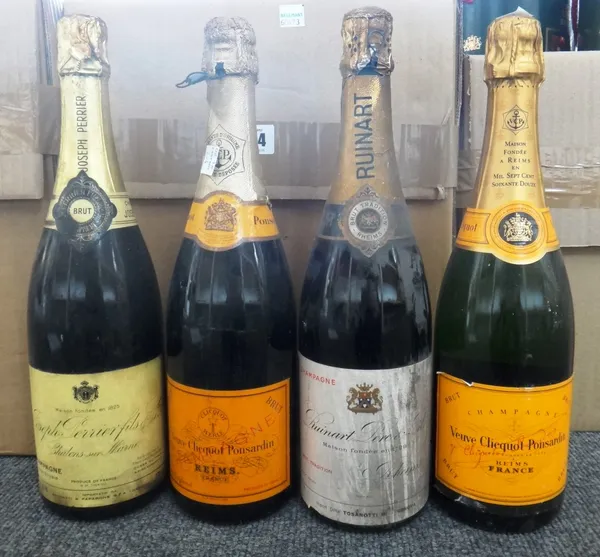 Nine bottles of champagne, comprising; two Moet & Chandon, two Laurent Perrier, two Veuve Cliquot Ponsardian, a Pommery, a Ruinart Pere & Fils and a J