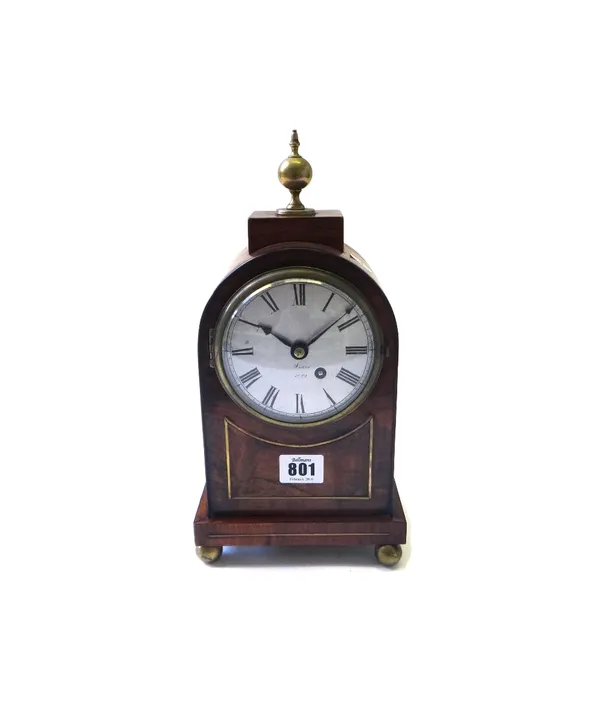 An English rosewood cased mantel clock, early 19th century, with spherical brass finial over a silvered dial (10cm diameter) detailed 'Davis 1829', th