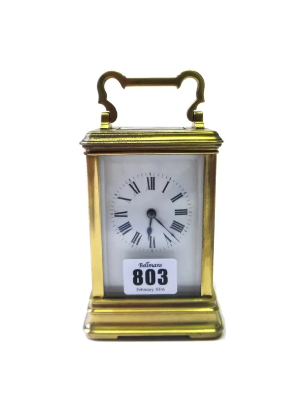 A French gilt brass cased carriage clock, early 20th century, with white enamel dial and single train movement, 12cm high.