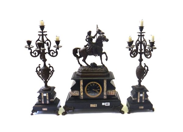 A Victorian black marble and spelter mounted clock garniture, surmounted with a spelter knight on horseback over a black marble case, centred by a gil