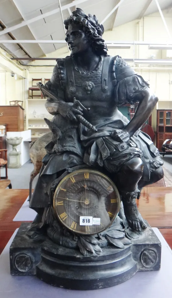 A large Napolean III patinated bronze and black marble striking mantel clock, Alphonse Giroux, Paris, late 19th century. The bronze case modelled and