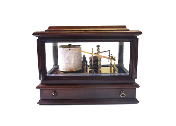 A modern mahogany cased barograph by Burke & Jones, nine aneroids and glazed case over a frieze drawer, 36cm wide.