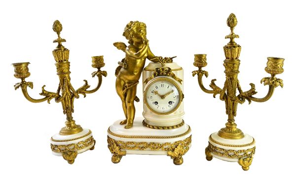 A French gilt bronze and white marble striking clock garniture, late 19th century, the dial with Arabic numerals, the small two barrel movement with p