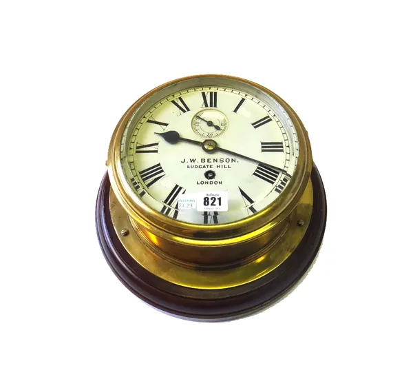 A ships brass cased bulk head clock by J.W. BENSON late 19th/early 20th century, the 7.5 inch white painted dial detailed J.W BENSON LUGATE HILL LONDO