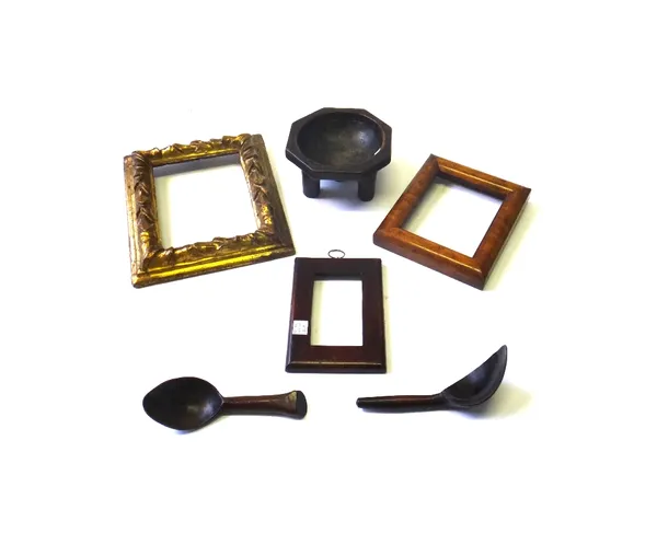 An 18th century giltwood carved rectangular picture frame, 24cm x 20cm, two smaller wooden picture frames, a tribal wooden bowl of octagonal form, and