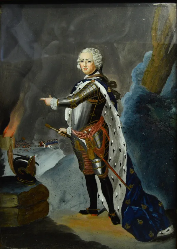 A late 18th century reverse portrait painting on glass of Frederick II, after Antoine Pesne and in the manner of Johann Matthias Bauhof, gilt slip and