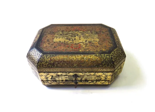 A Chinese gilt chinoiserie lacquer workbox, circa 1900, of canted rectangular form, the compartmented interior containing ivory sewing accessories, wi