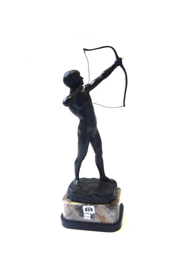 A German bronze figure of an archer, circa 1920, after Schmotz, standing, loosing his bow on a naturalistic base with cast signature 'R.Schmotz' and m