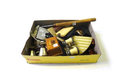 A quantity of collectables, including; a metal 'pig' pin cushion (6cm wide), a Regency tortoiseshell snuff box, a military magnetic marching compass,