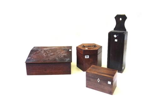 A Victorian burr walnut concertina box of hexagonal form, 19cm high, an oak writing slope, a mahogany two division tea caddy and a stained pine candle