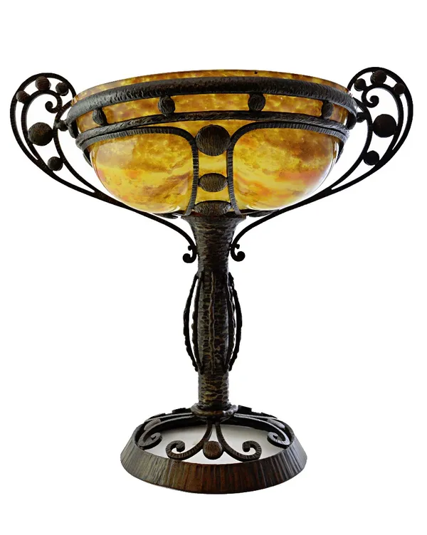 A Chapelle Art Deco cased glass and wrought iron, twin handled centrepiece, circa 1925, base marked 'Chapelle Nancy'. The glass blown into the metal a