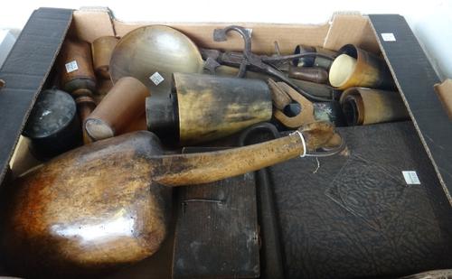 A quantity of collectables, including; various 18th century horn beakers, a pair of Victorian steel sugar cutters, a pastry mould roller, a large horn