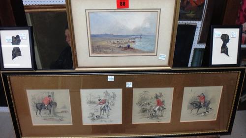 A group of seven, including four hunting scenes printed on silk after H. G. Gandy, framed as one, a pair of silhouettes, two cartoons, a limited editi