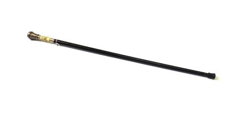 An ebonised walking cane, early 19th century, with pique work ivory handle and an Indian embossed silver pommel, 87cm long.