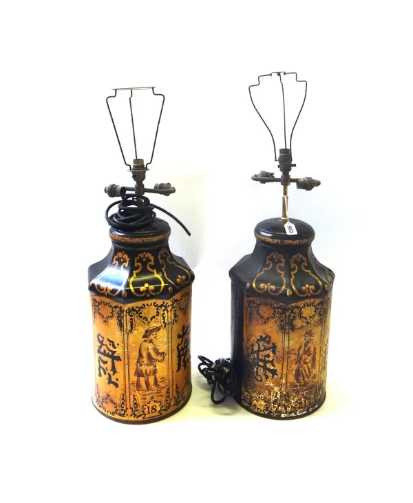 A pair of Regency style gilt tin painted table lamps, decorated with gilt Oriental figures against a black ground, 45cm high, and a turned fruitwood t