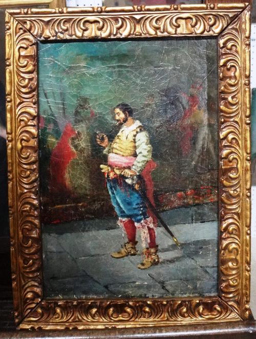 Continental School (19th century), Portrait of a man in 17th century dress before a tapestry, oil on canvas.