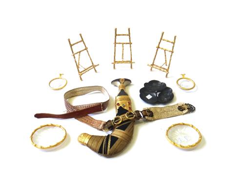Three modern gilt picture easels of naturalistic form, 16.5cm high, a Middle Eastern jambiya, a patinated bronze of a naked young man, 35cm, and a pat