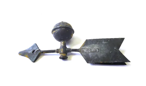 A copper weathervane, 19th century, with spherical surmount and arrow bar, 49cm wide.