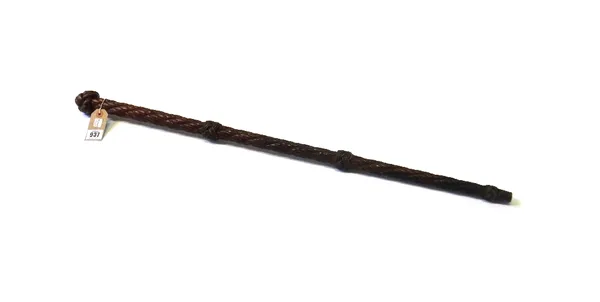 A hardwood walking cane, 19th century carved all over with a rope twist pattern, with large 'knot' finial and two smaller decorating the shaft. 86cm