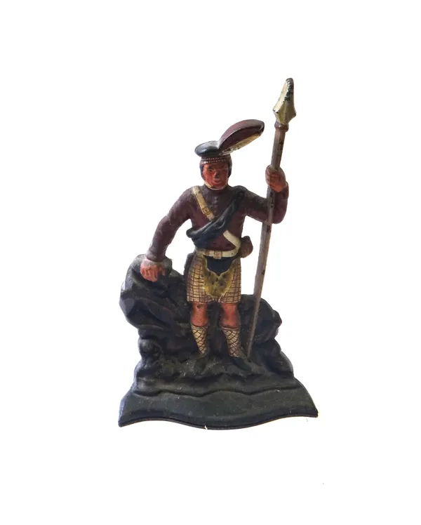 A Victorian polychrome painted cast iron flat back door stop cast as a Highland Soldier, 39cm high, a mah jong part set, various costume jewellery, tw