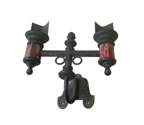 An unusual pair of Victorian brass and wooden bound two branch wall lights, each with a shaped backplate, 45cm wide. (2)