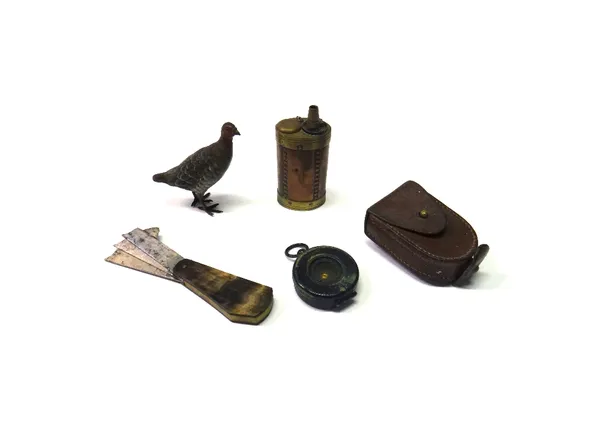 An Austrian cold painted bronze pheasant, early 20th century, 9cm high, together with a copper and brass bound shot flask, a Short & Mason compass in