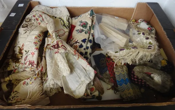 A quantity of textiles and collectables, including; an early 20th century foliate embroidered lady's waistcoat, a pair of small child's slippers with