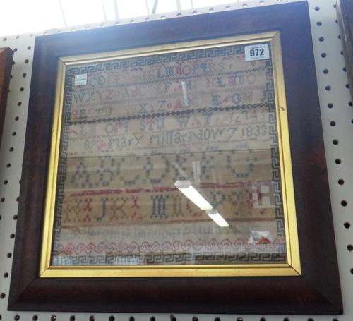 An early Victorian sampler depicting Adam & Eve, flanking the tree of life, 36cm x 29cm and two Victorian alphabet samplers, (a.f) framed and glazed.