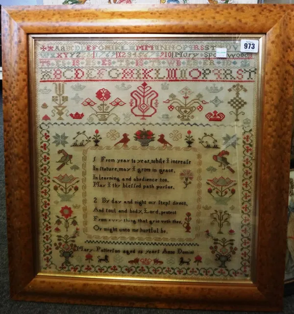 An early 19th century needlework sampler by Mary Patterton aged sixteen, centred with a moral verse within wide foliate borders (47cm x 41cm), another