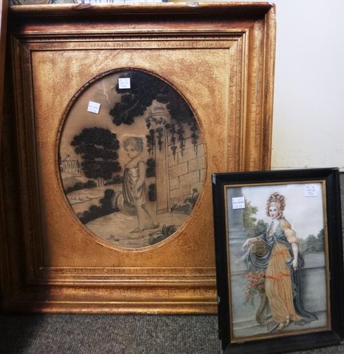 A crewel work panel (cut down), 18th century, depicting a foliate urn, together with five crewel work borders framed as one, a Regency silkwork pictur