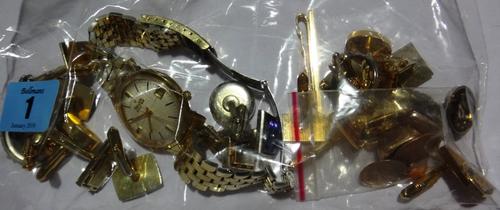 A gold signet ring, unmarked, a pair of oval 9ct gold cufflinks with Swastika motifs, weight 13.6 gms and a quantity of plated cufflinks.