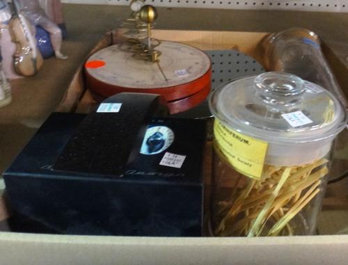 A group of 20th century collectables, including glass pharmaceutical storage jars, a terracotta building set, a Scandinavian style flat circular pan,