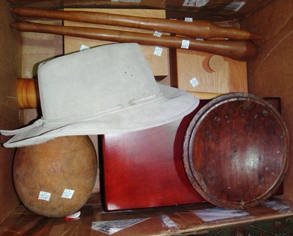A group of 20th century wooden items, including a milliner's dummy, architectural sample building material box, a wooden velvet lined storage box, an