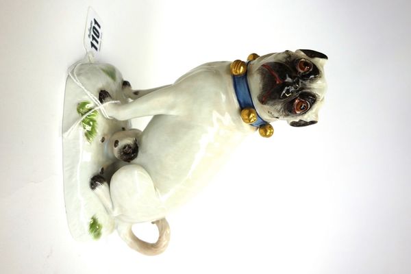 A Meissen porcelain pug dog,  20th century, modelled suckling her young on a naturalistic base, underglaze blue crossed swords, incised and impressed
