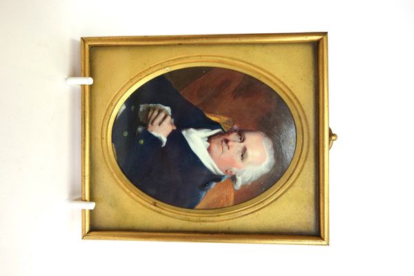 A portrait miniature on porcelain, mid 19th century, depicting 'Sir Walter Farquhar Bar, after Raeburn', housed in a glazed and titled metal frame, 11