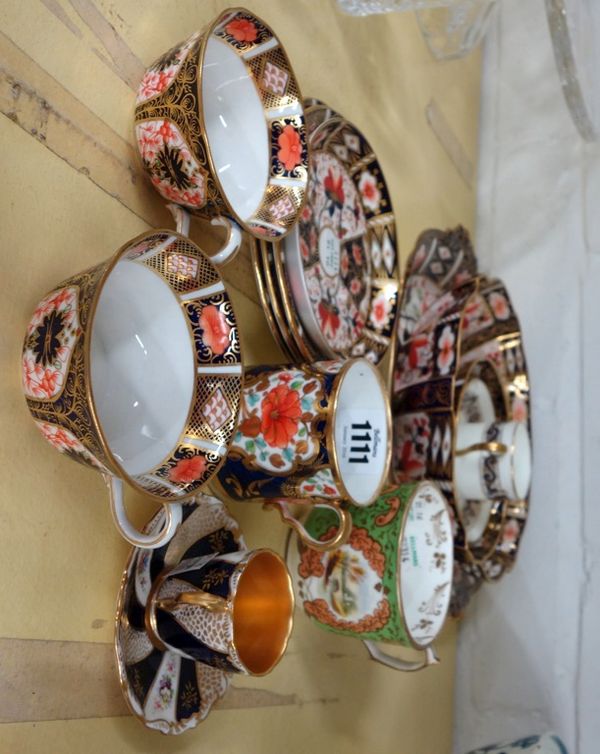 A quantity of Royal Crown Derby Imari pattern tea wares, a Coalport miniature cabinet cup and saucer with gilt interior, and sundry (qty).